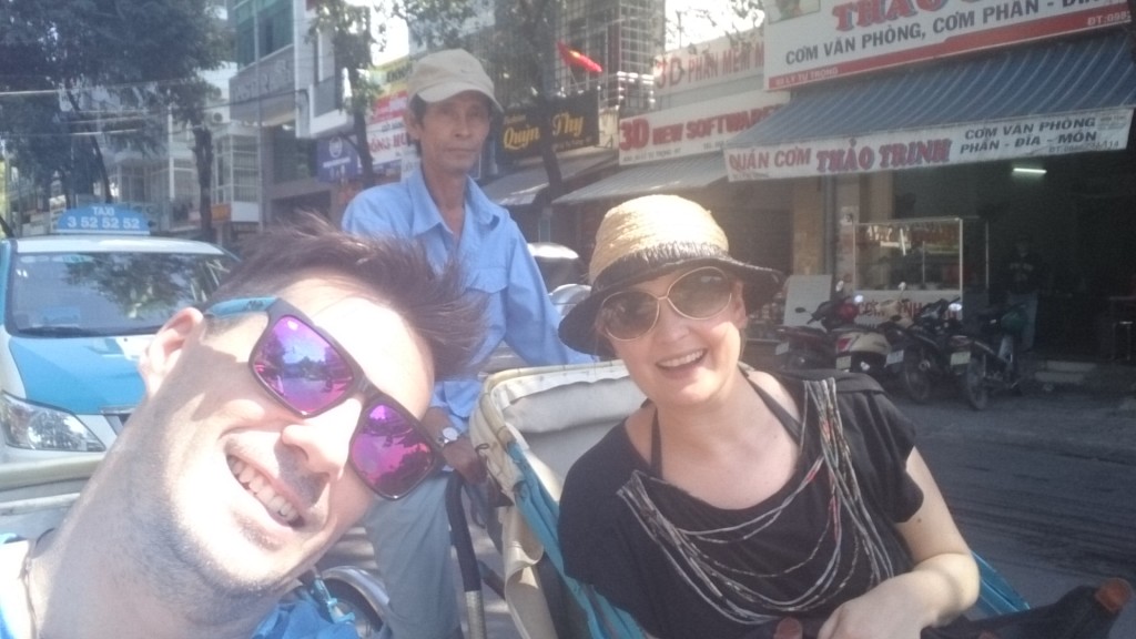 Lauren Higgins and Rhys Sain tAking a Rickshaw to Long Son Pagoda, Nha Trang