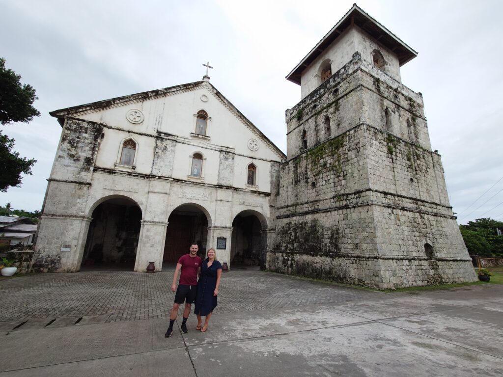 Rhys Sain and Lauren Higgins outside the Baclayon church, Bohol, Philippines