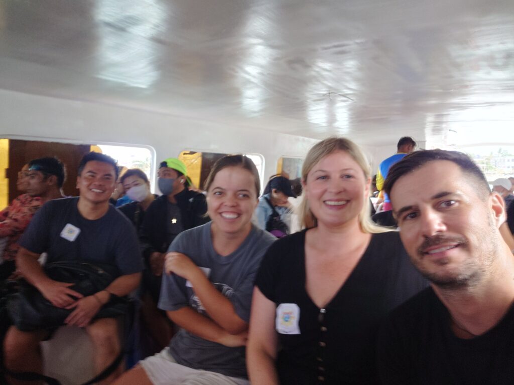 Jerico Reyes, Taylor Shepherd, Lauren Higgins and Rhys Sain on the boat to Boracay