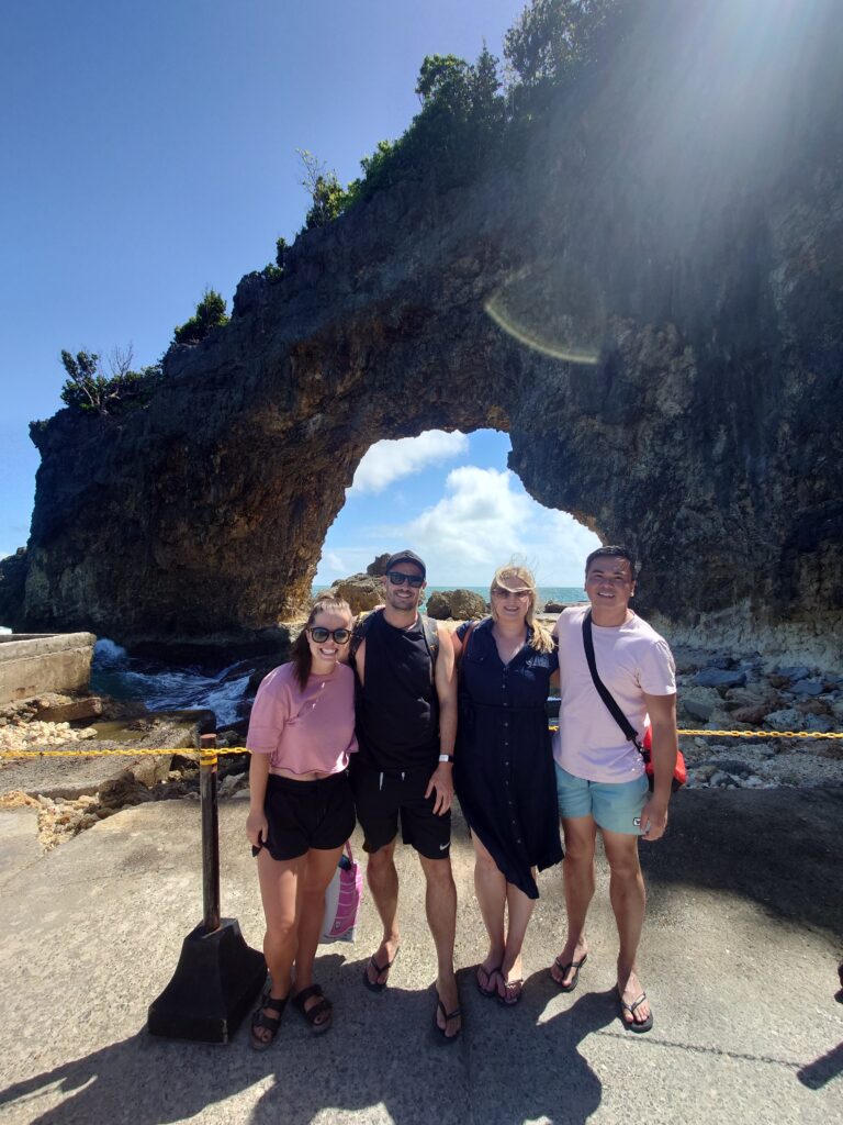 Taylor Shepherd, Rhys Sain, Lauren Higgins and Jerico Reyes at the Rock Window, Newcoast, Boracay, Philippines