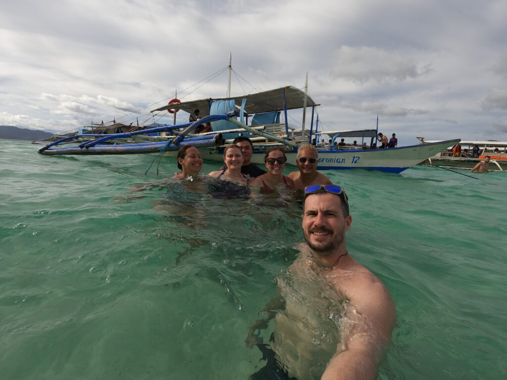 Rhys Sain, Lauren Higgins, Taylor Shepherd, Jerico Reyes, Wendell Clavin, Rhiana Ravindran during an island-hopping trip from Coron