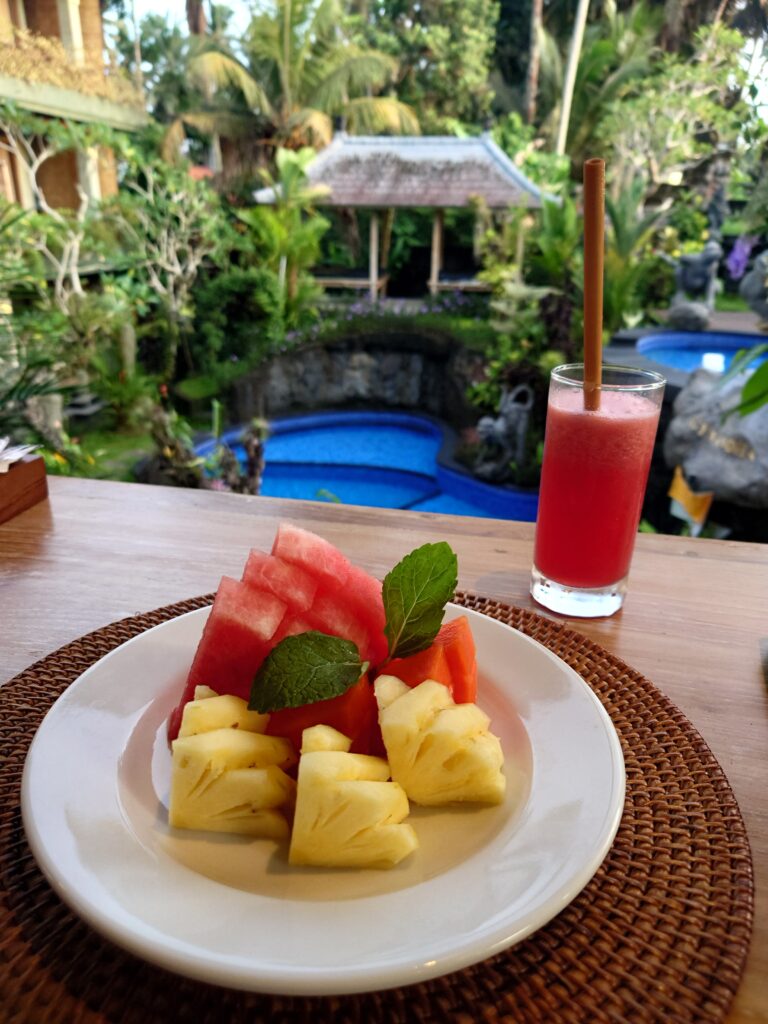 Breakfast overlooking the pool at Gynandha Ubud Cottage, Bali, Indonesia