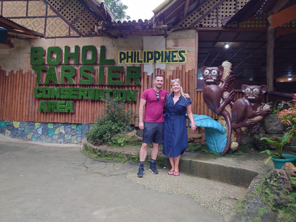 Rhys Sain and Lauren Higgins outside the Tasier Sanctuary in Bohol, Philippines 