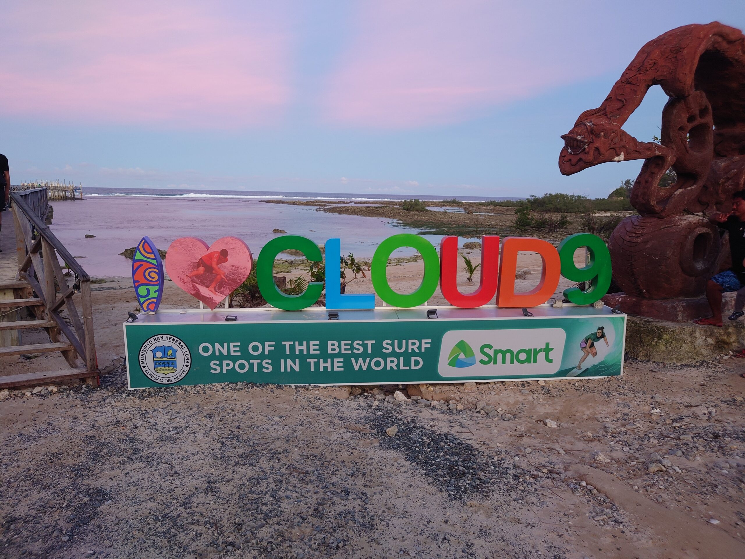Cloud 9 sign at the boardwalk in General Luna, Siargao