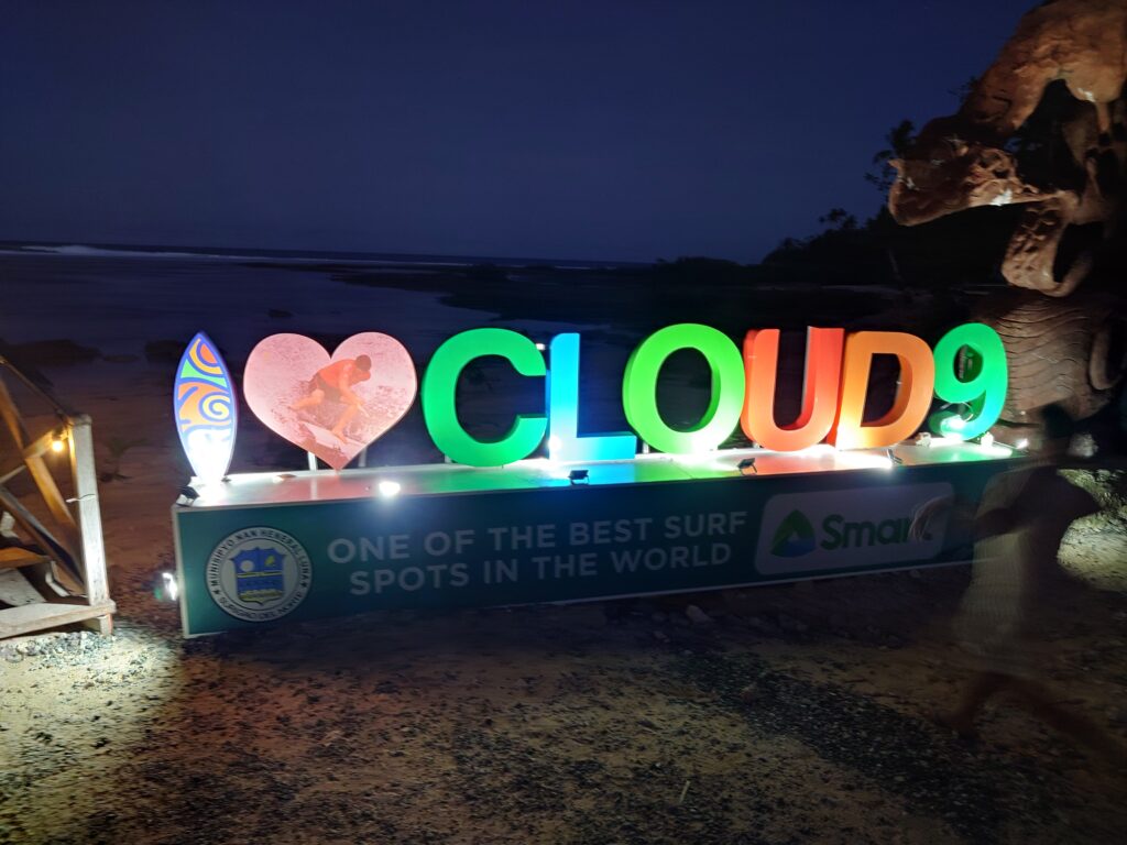 Cloud 9 sign at the boardwalk in General Luna, Siargao