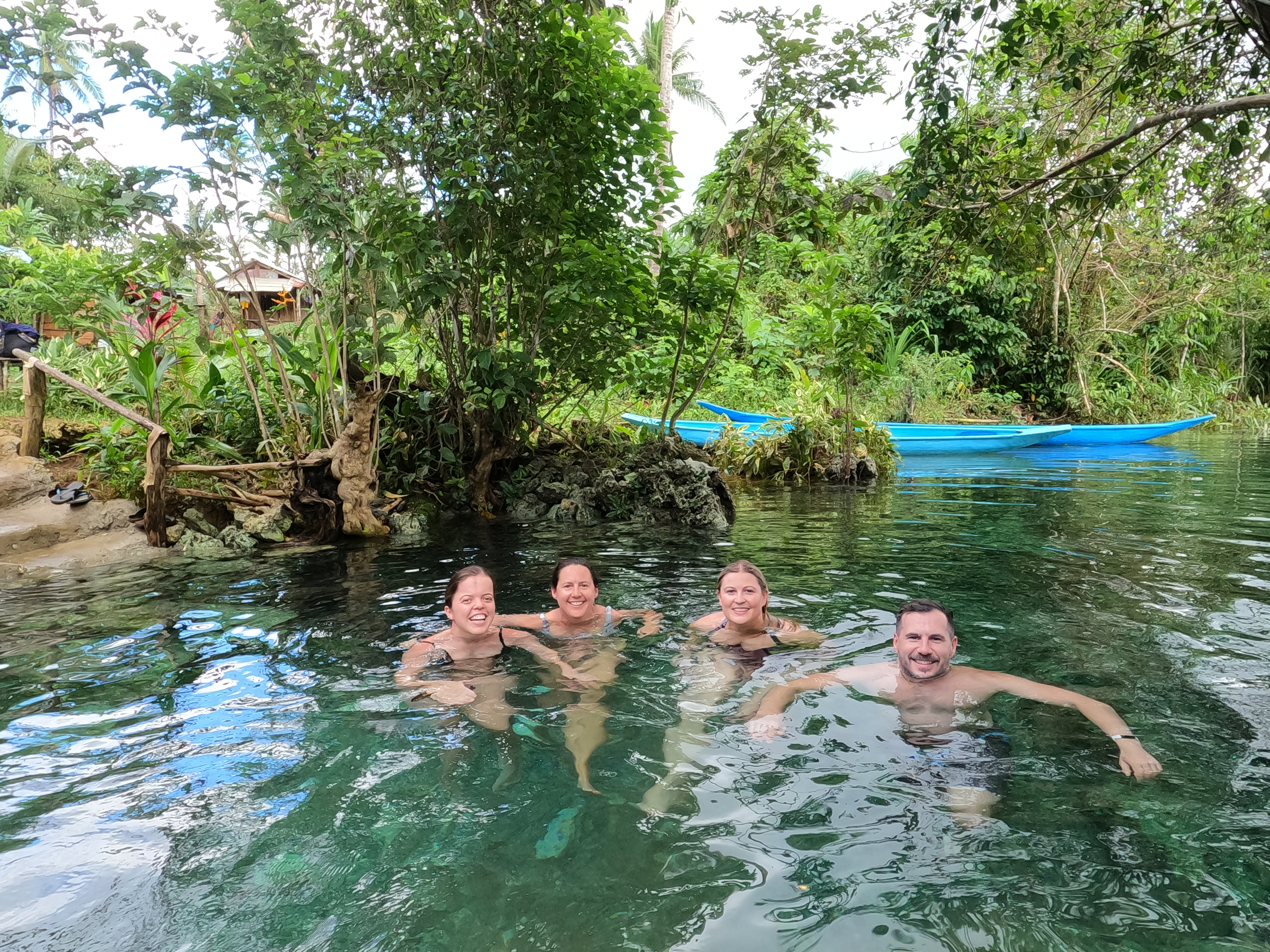 Taylor Shepherd, Rhiana Ravindran, Lauren Higgins and Rhys Sain in the secret pool at the end of Maasin River, Siargao, Philippines
